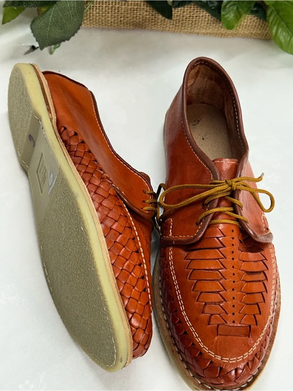 Men's Handwoven Leather Lace-Up Shoes in Cognac